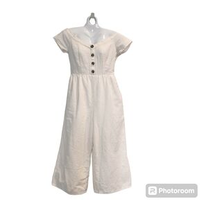 American Eagle Ivory Linen Blend Off The Shoulder Cropped Wide-Leg Jumpsuit  S